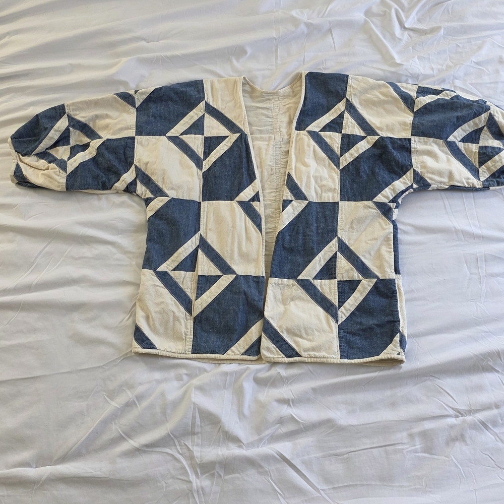 Quilted Patchwork Bomber Jacket in Blue & Cream - Picture 3 of 9
